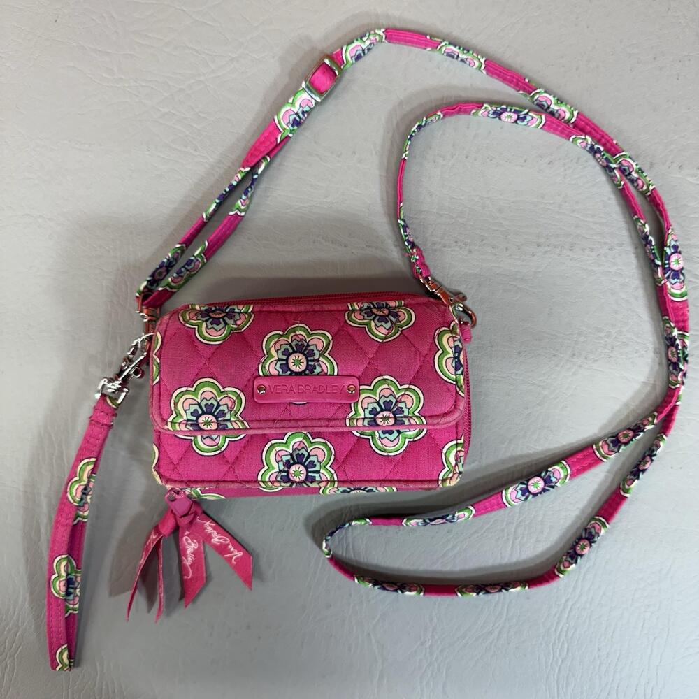 Vera Bradley Crossbody Mini Purse Wallet Womens Pink Quilted Floral Tassel Zip